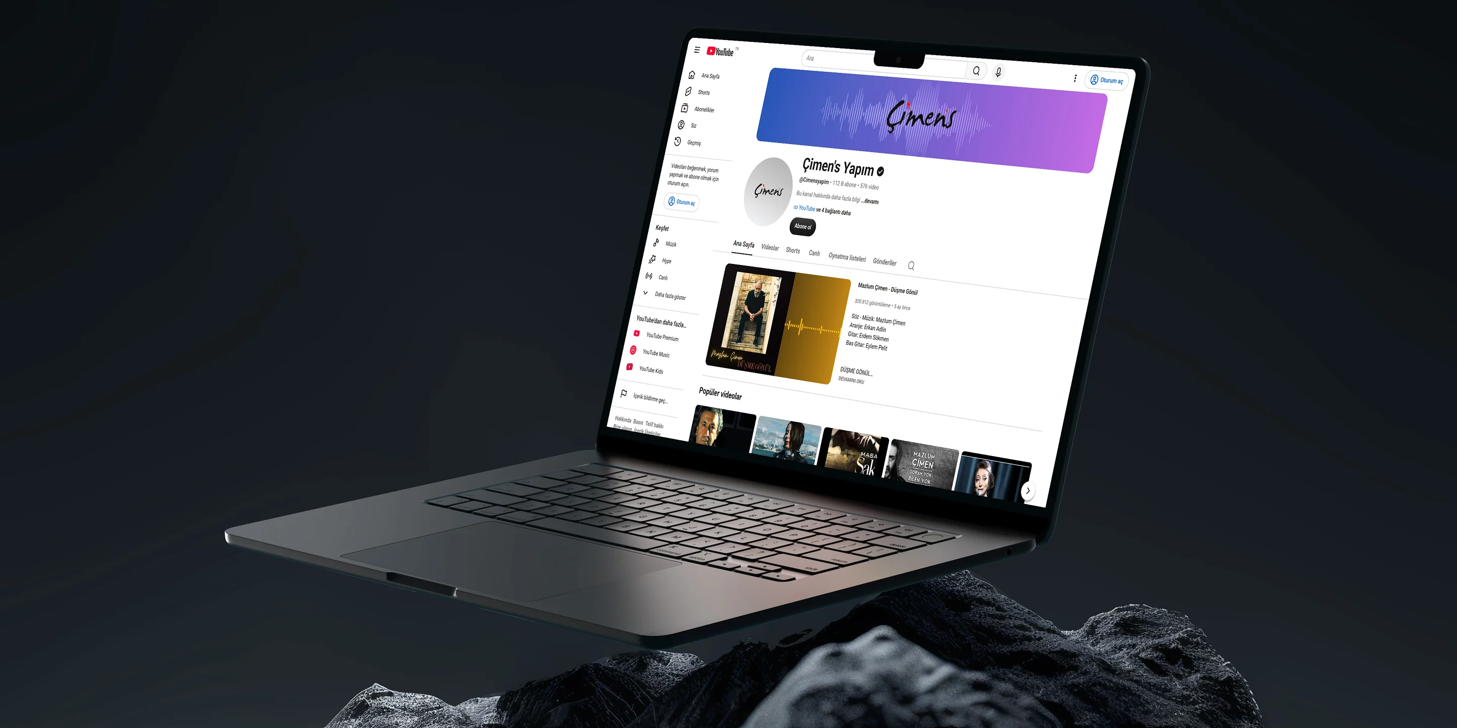 Çimen’s Yapım YouTube channel on a laptop