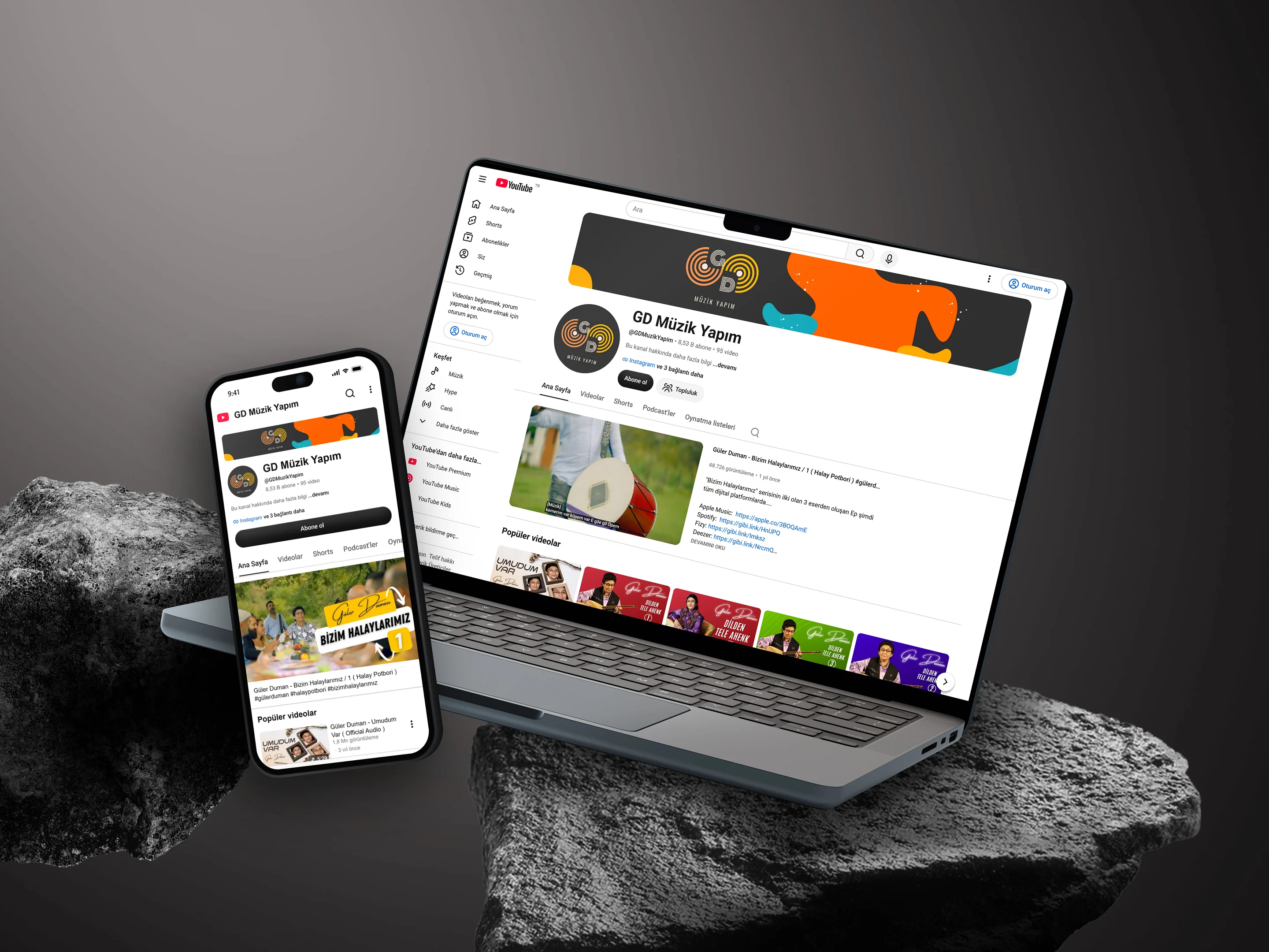 GD Müzik Yapım YouTube channel on a laptop and an iPhone
