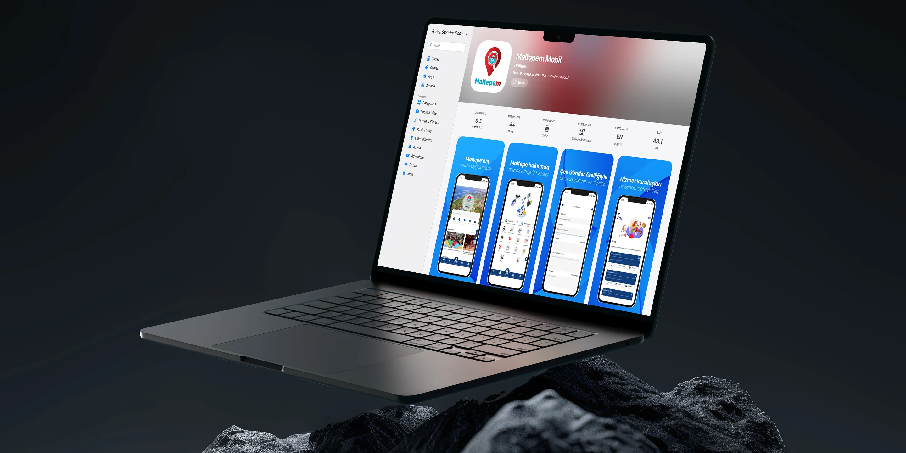 Maltepem Mobile App Store page on a laptop