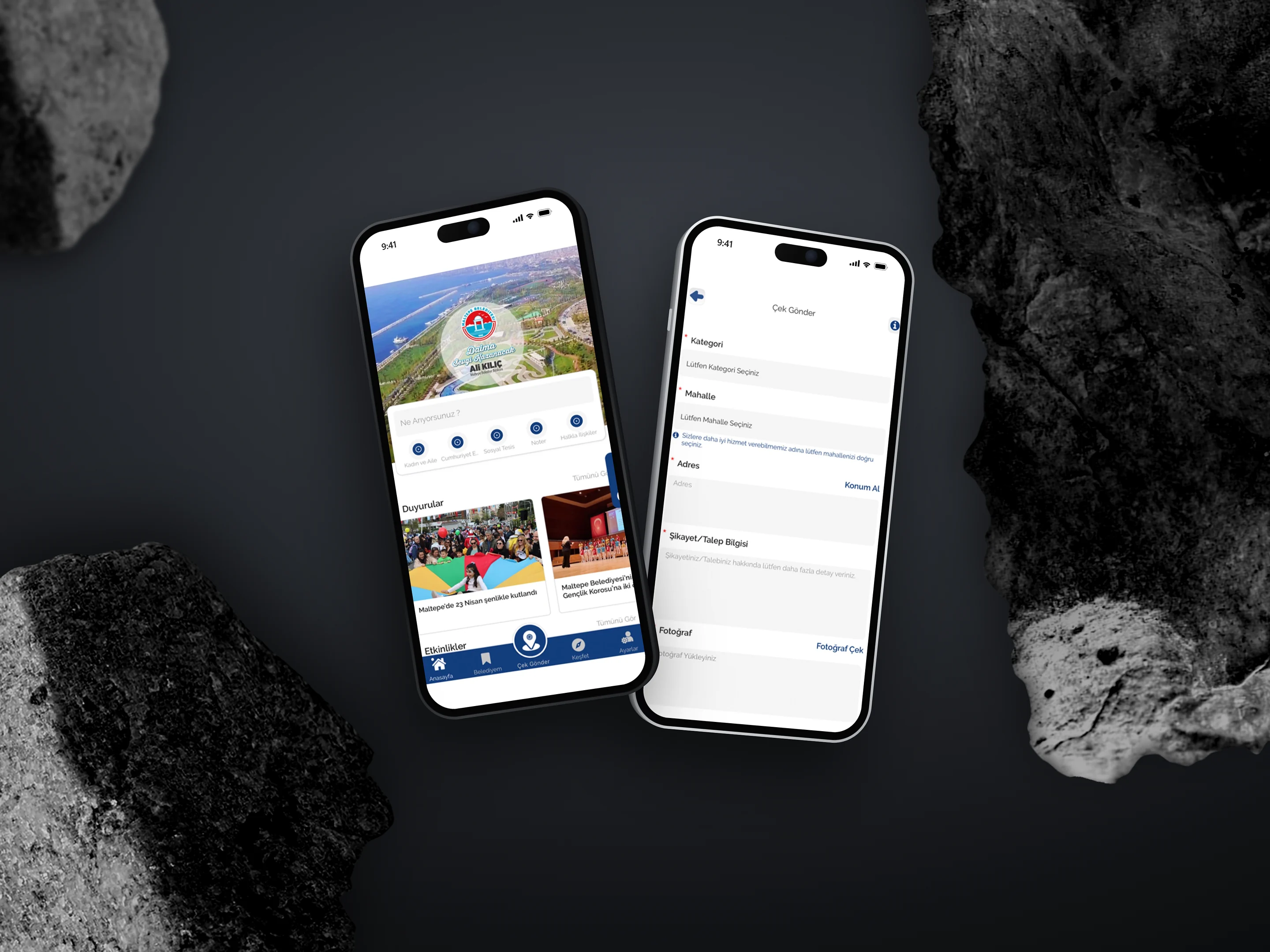 Maltepem Mobile home and Snap & Send screens on two iPhones