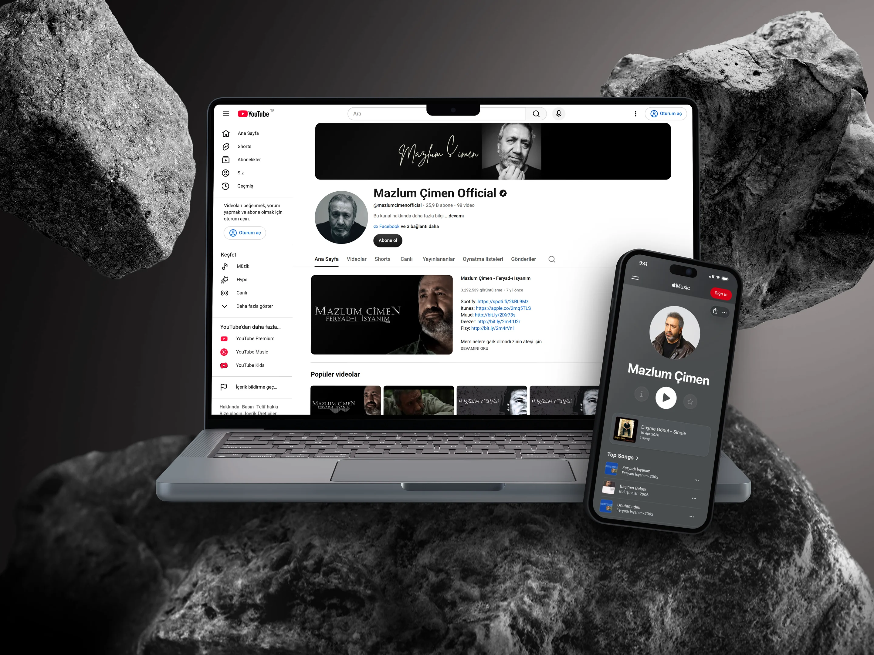 Mazlum Çimen YouTube channel on a laptop and Apple Music page on an iPhone